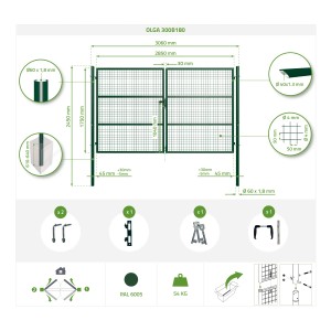 Technische Zeichnung: Casanoov Olga 3M grünes Flügeltor, Maße und Details zum Gartentor.