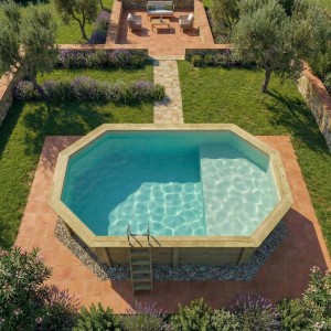 ALTANKA Holzpool Nemo 5,79x3,49 Höhe 1,45 m SANDFARBEN mit Liegefläche mit am Beton Verschraubten Stützen BAS7304OSPL3+PLA304