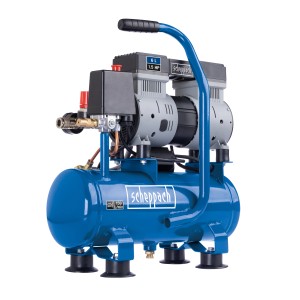 Scheppach Ultra Silent Kompressor HC08Si: Blauer, ölfreier Kompressor mit Tragegriff und 6 l Kessel.