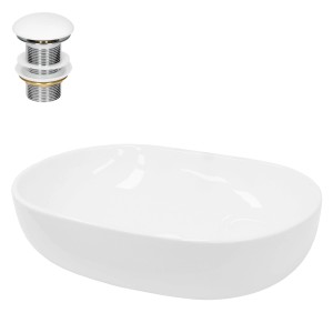 Weißes ECD Germany Design Handwaschbecken mit Ablaufgarnitur, ovale Form.