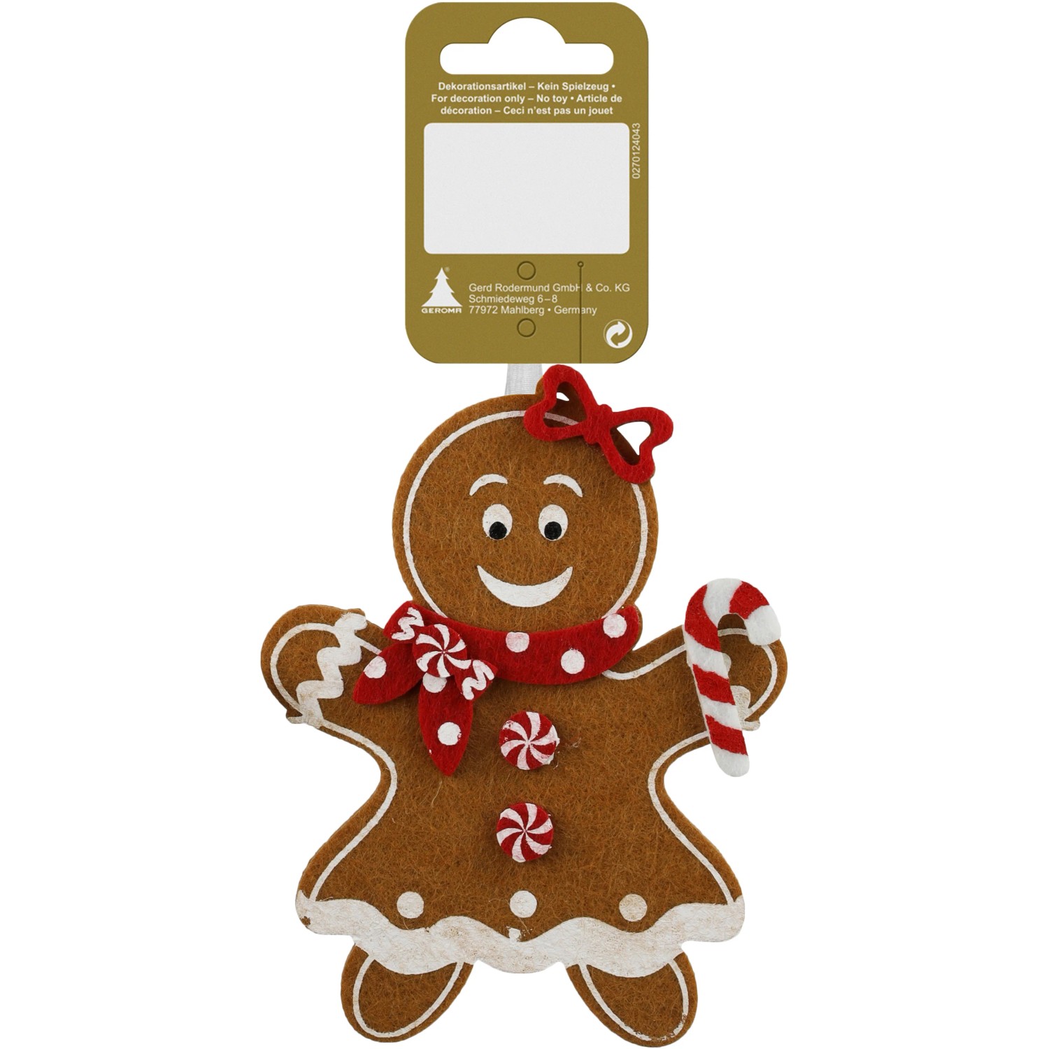 Weihnachtlicher Dekoanhänger Lebkuchenfrau aus Filz Braun-Weiß 12 cm