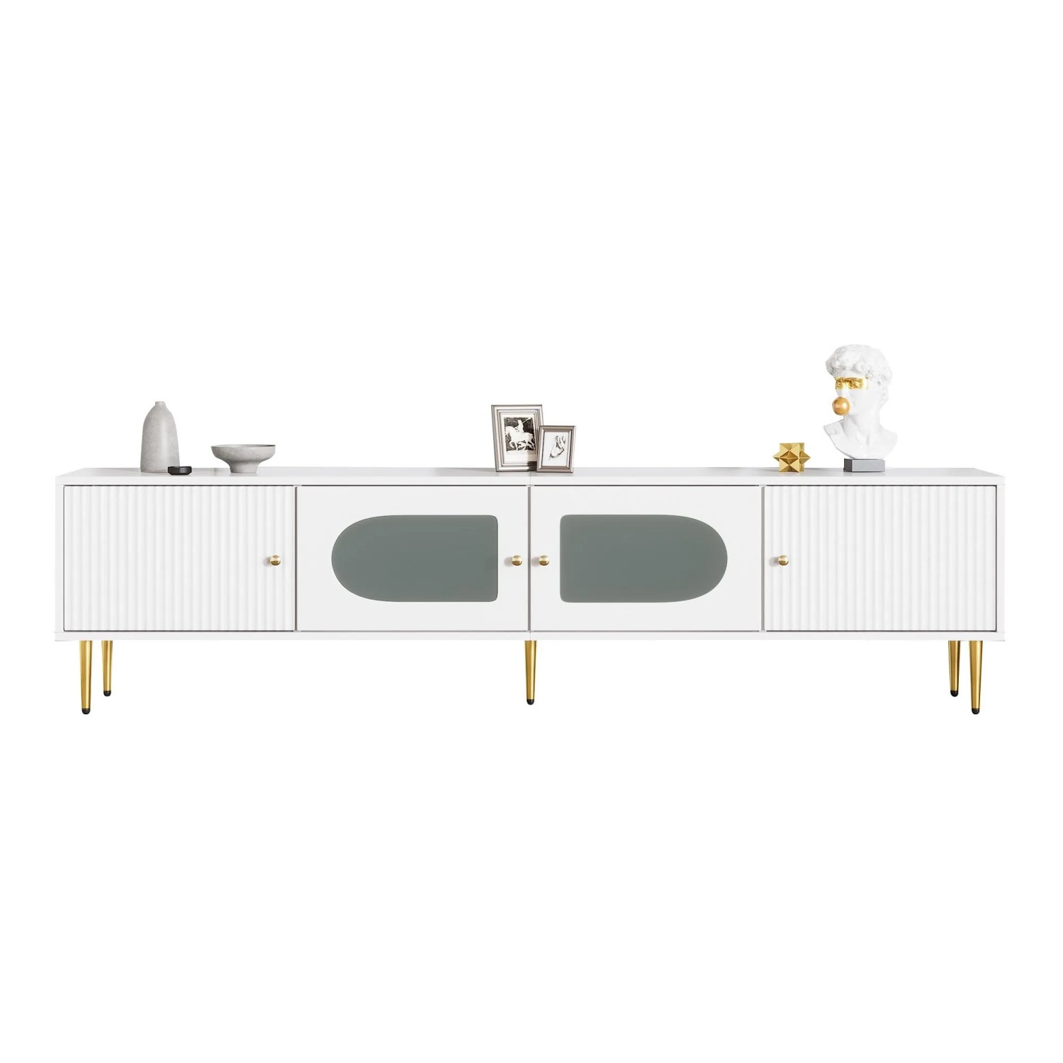 okwish TV Schrank mit Glas Türen Gold Beine Wohnzimmer 170x35x50cm Weiß Gold