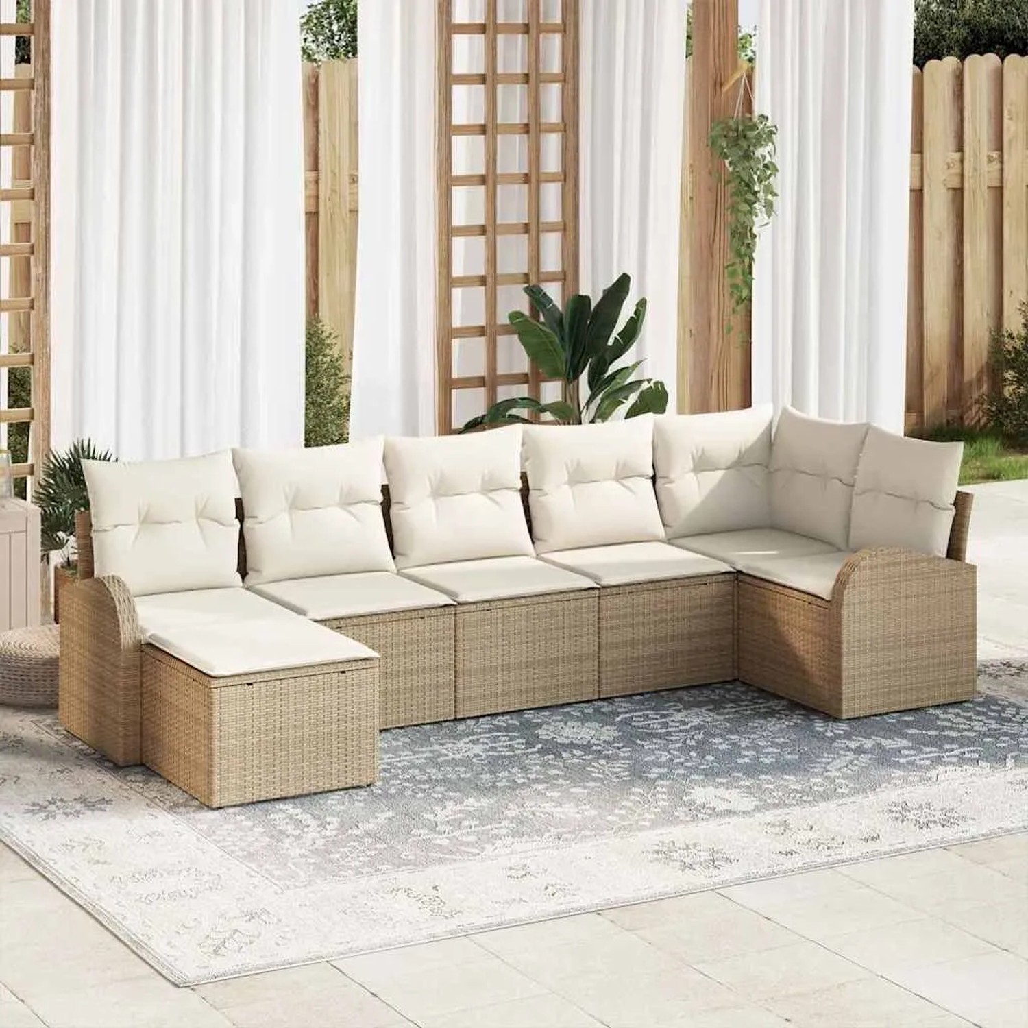 Beiges 7-teiliges Garten-Sofa-Set aus Poly Rattan von vidaXL. Modulares Lounge Set mit Polster.
