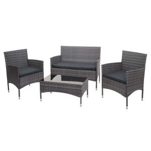 4-teilige Poly-Rattan Lounge-Garnitur in Grau mit dunklen Kissen und Tisch mit Glasplatte.