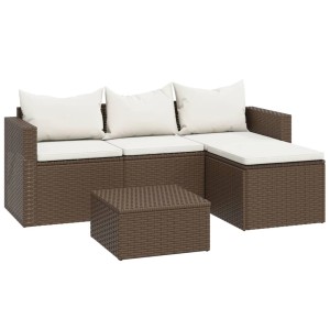 Braunes vidaXL Garten Lounge Set aus Poly Rattan mit Tisch, Sofa, Fußstütze und cremeweißen Kissen.