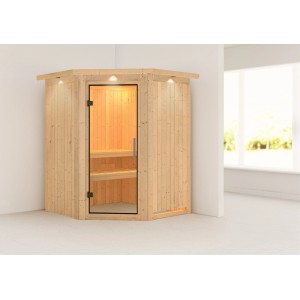 Karibu Sauna Lyra mit LED-Dachkranz, Naturholz, Ganzglastür und Bänken.