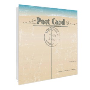 Weißer Banjado Schlüsselkasten mit Glasfront, Postkarten-Motiv, 50 Haken, beschreibbar, magnetisch.