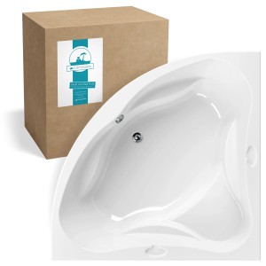 Calmwaters Eckbadewanne 140x140 cm aus Acryl, mit Sitz und Verpackung.