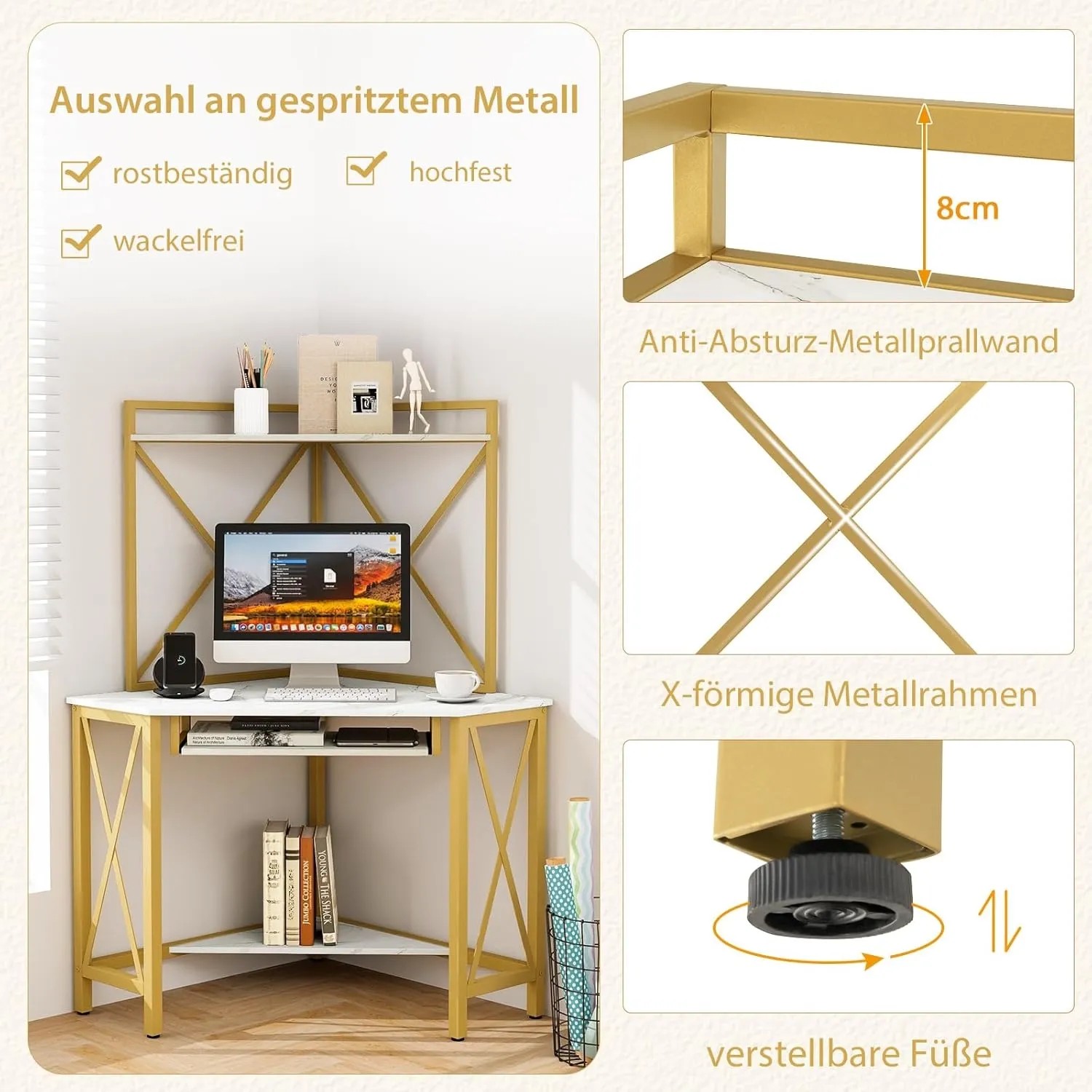Weißer Costway Schreibtisch mit Aufsatz und goldfarbenem Metallgestell.
