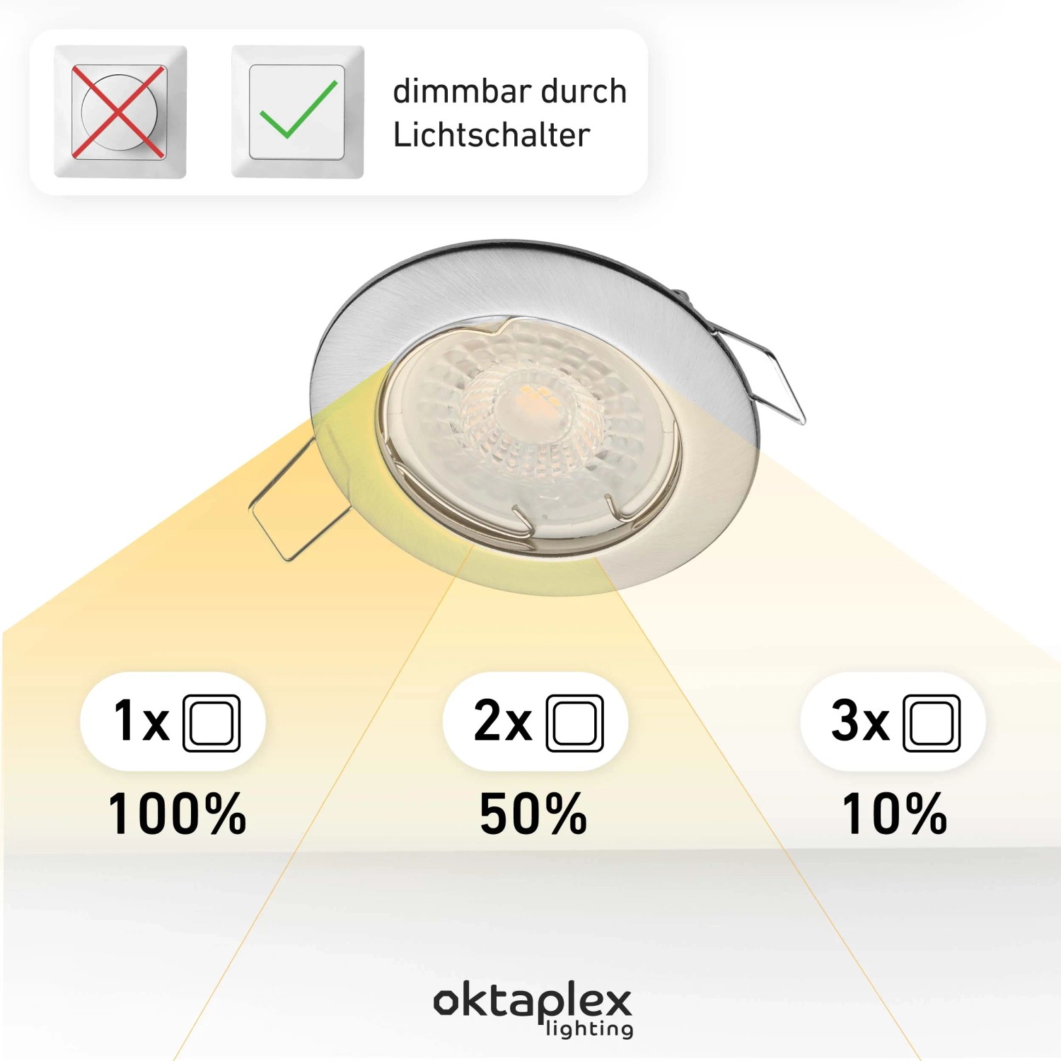 Oktaplex LED Einbauspot Set, 3-Stufen dimmbar, Edelstahloptik, warmweißes Licht.