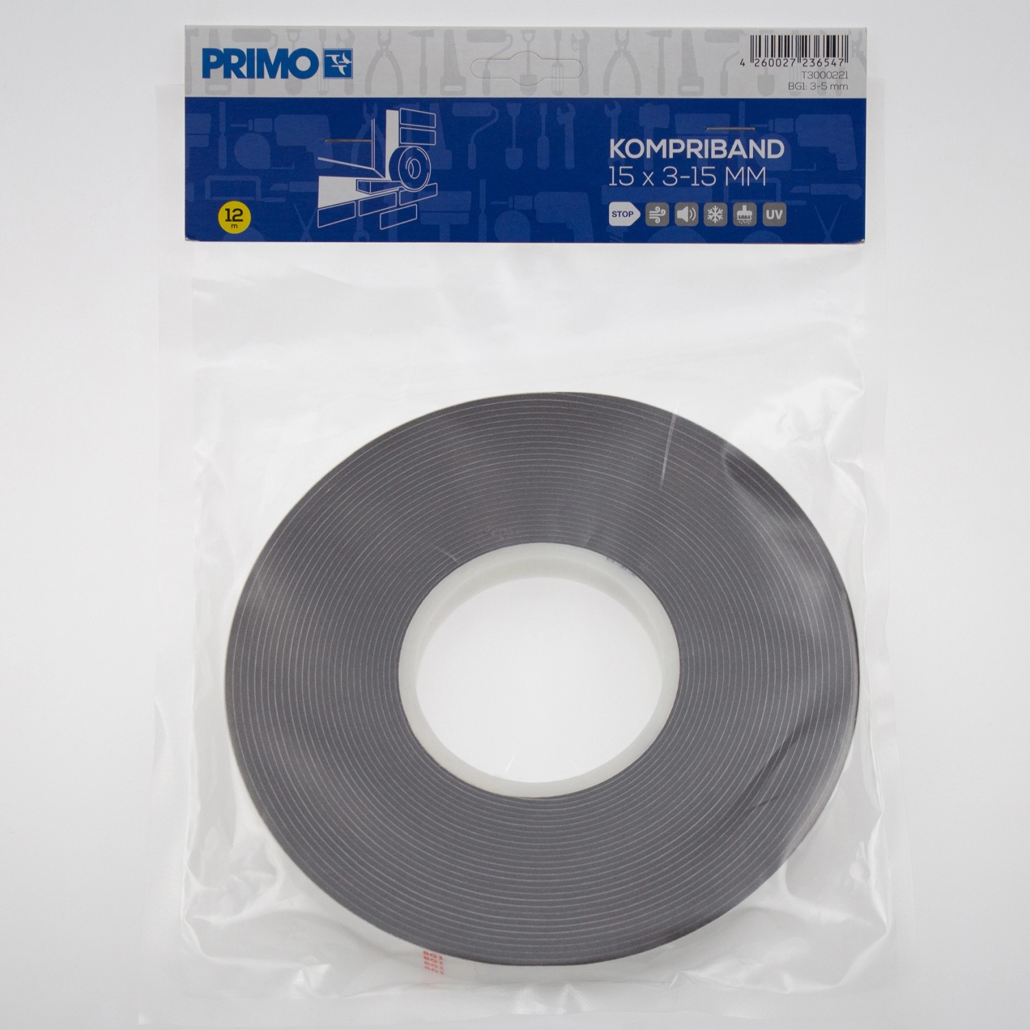 Kompriband 15x3-15 mm, Dichtungsband auf Rolle, zur Abdichtung von Fenster und Tür