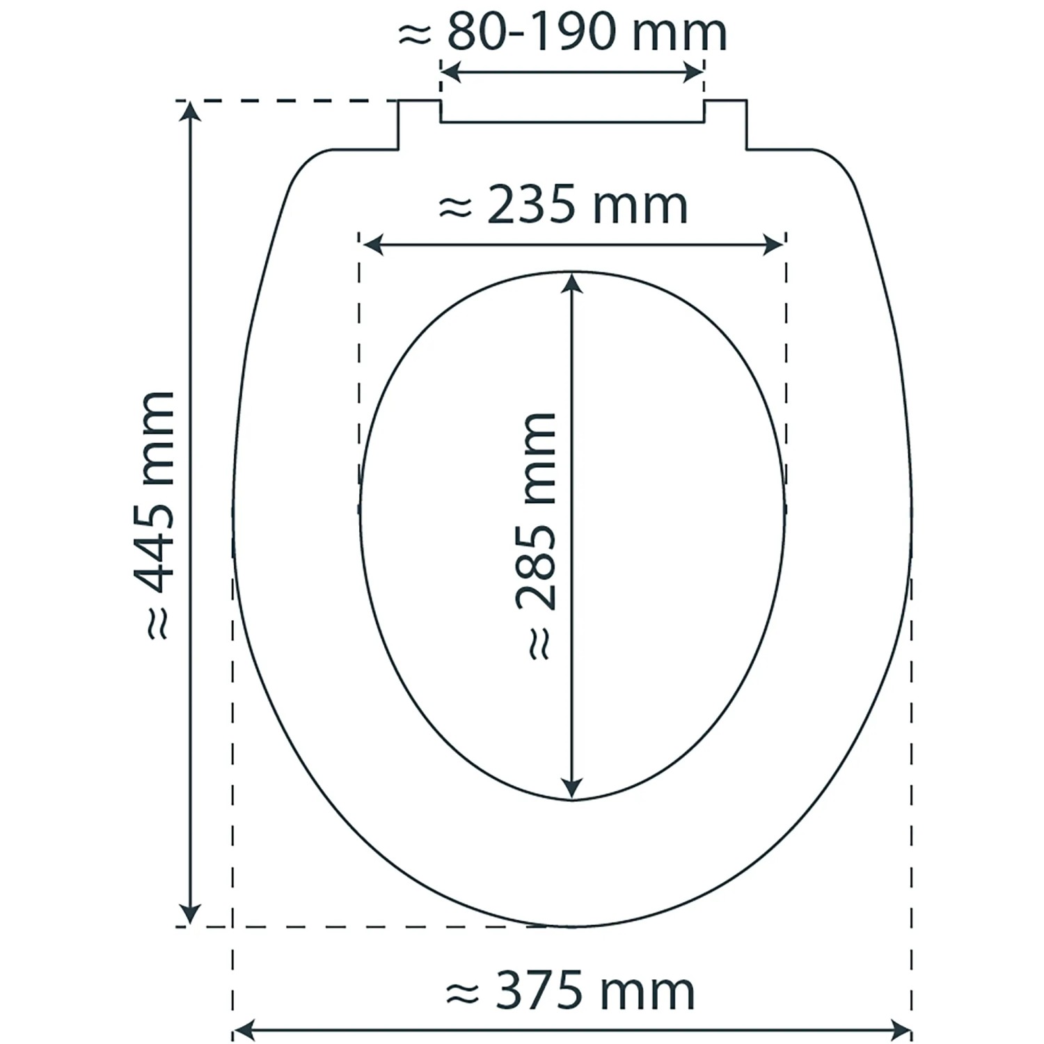 Technische Zeichnung: Weißer Schütte WC-Sitz Premium Slim Form Thermoplast mit Maßen.