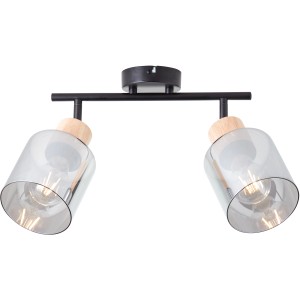 Brilliant Spot Weald, 2-flammig, schwarz/Holz: Deckenleuchte mit zwei Rauchglas-Spots und Holzelementen.