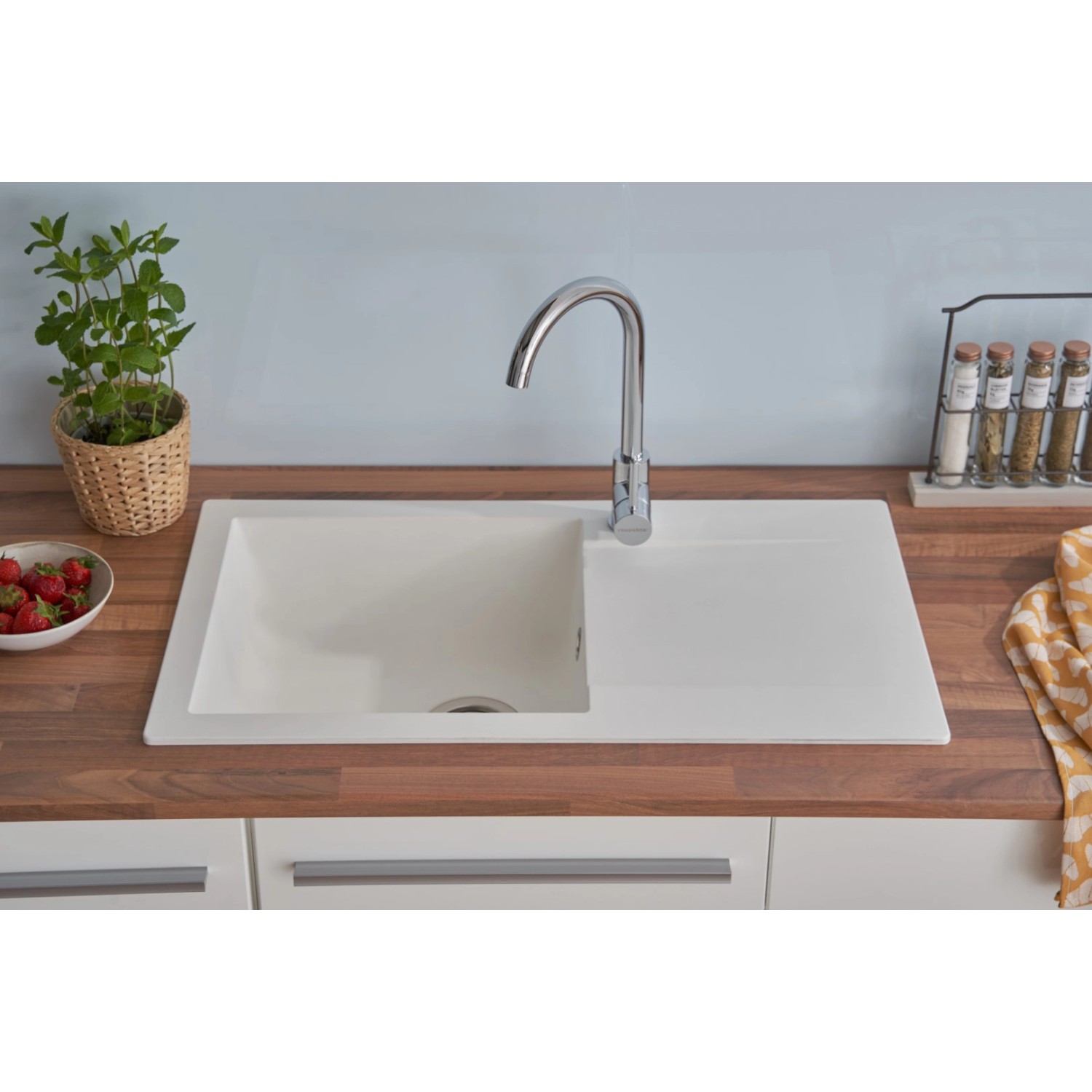 Respekta Einbauspüle Mineralite Denver, 78x44 cm, Weiß. Spüle mit Abtropffläche für Küchen ab 45cm Breite.