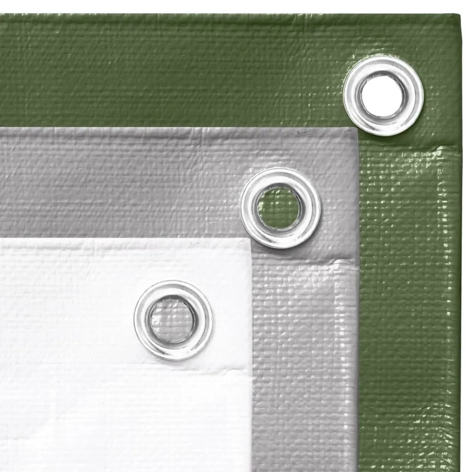 Weiße vidaXL Abdeckplane aus HDPE mit Metallösen. Detailaufnahme der robusten Materialstruktur und Ösen. Baufolie.