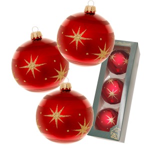 Rote Glas-Weihnachtskugeln, 8cm, mit goldenen Sternen und Kometen. 3er-Set für festliche Baumdekoration.