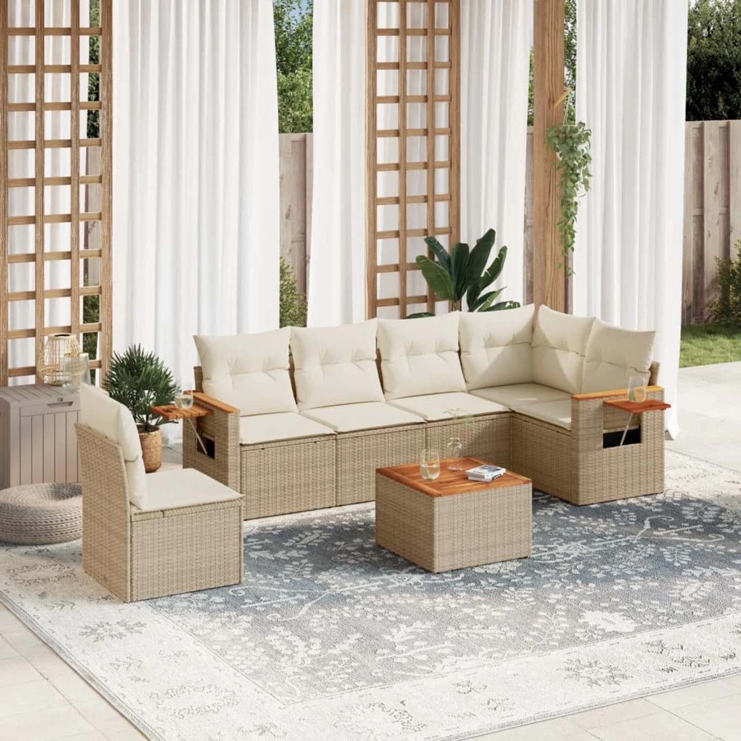 Beige 7-tlg. vidaXL Garten-Sofagarnitur aus Rattan mit Kissen für Terrasse und Garten.