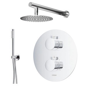 KOLMAN Duschsystem in Chrom: runde Kopfbrause, Handbrause, therm. Unterputz Armatur aus Messing.