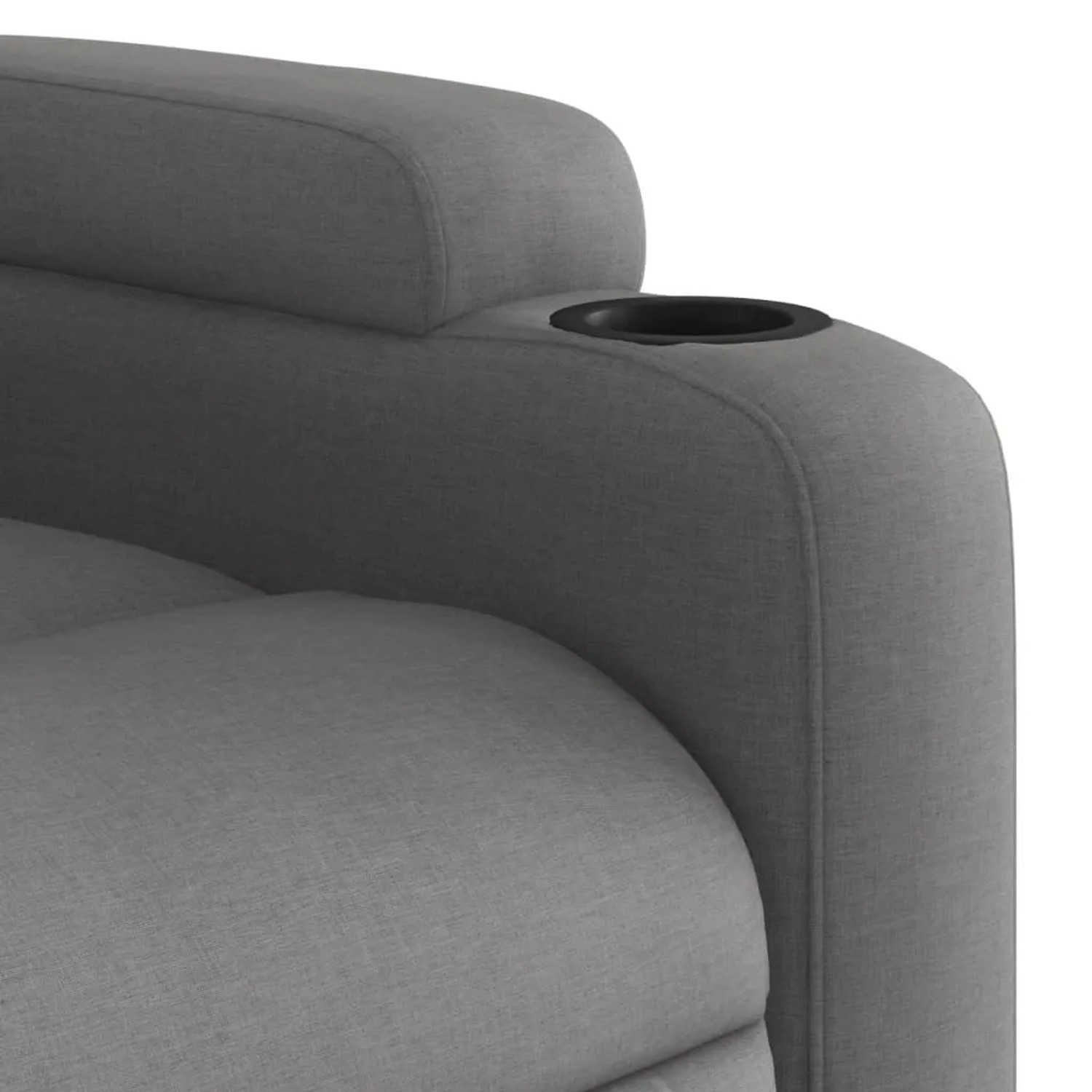 Detailansicht Relaxsessel mit Aufstehhilfe, dunkelgrauer Stoff, mit Getränkehalter.