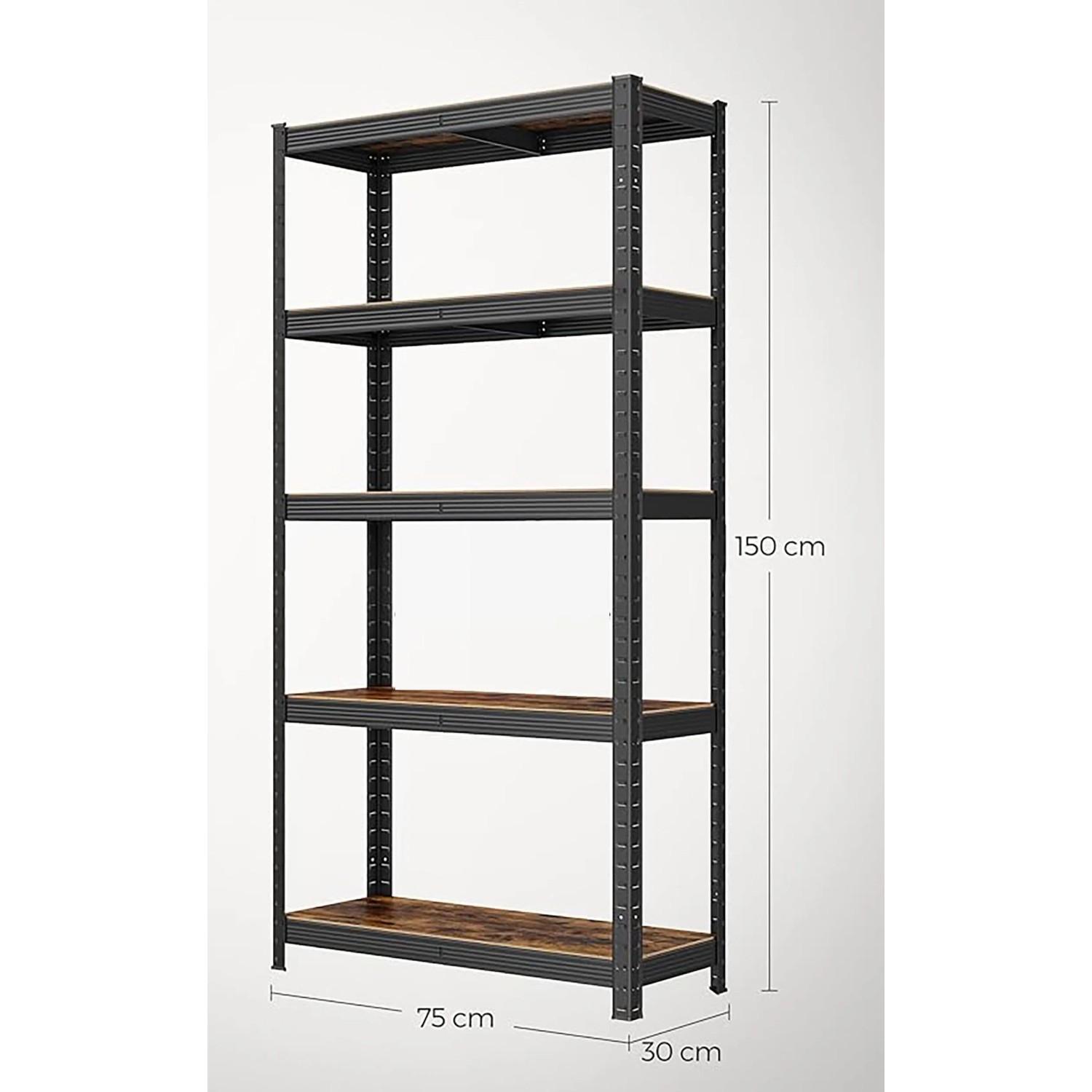 Songmics Standregal Cozory, 150 cm hoch, mit fünf braunen Regalböden und schwarzem Metallgestell.