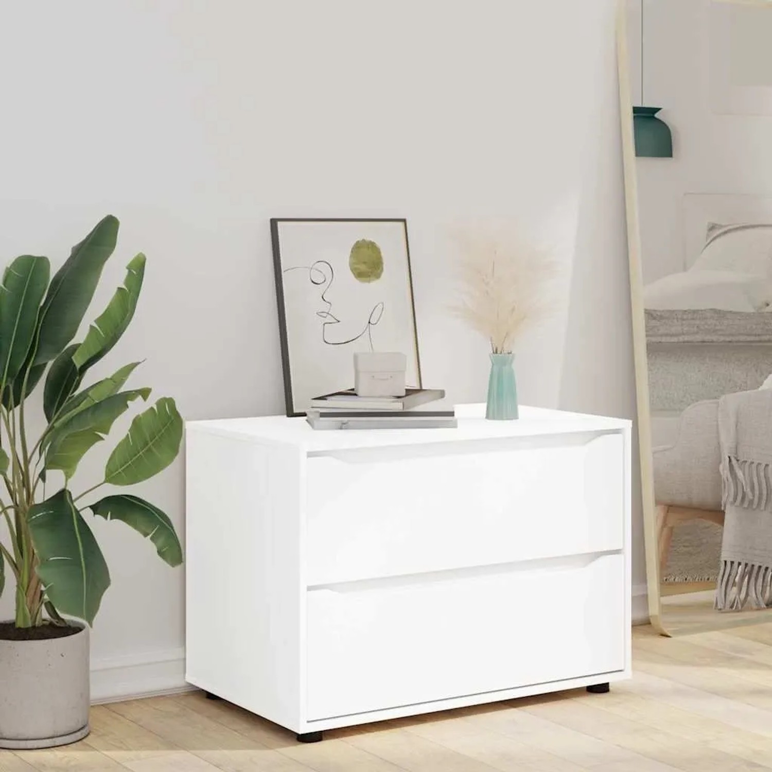 Weißer vidaXL Aufbewahrungsschrank aus Holzwerkstoff mit zwei Schubladen, modern für Wohnzimmer oder Schlafzimmer.