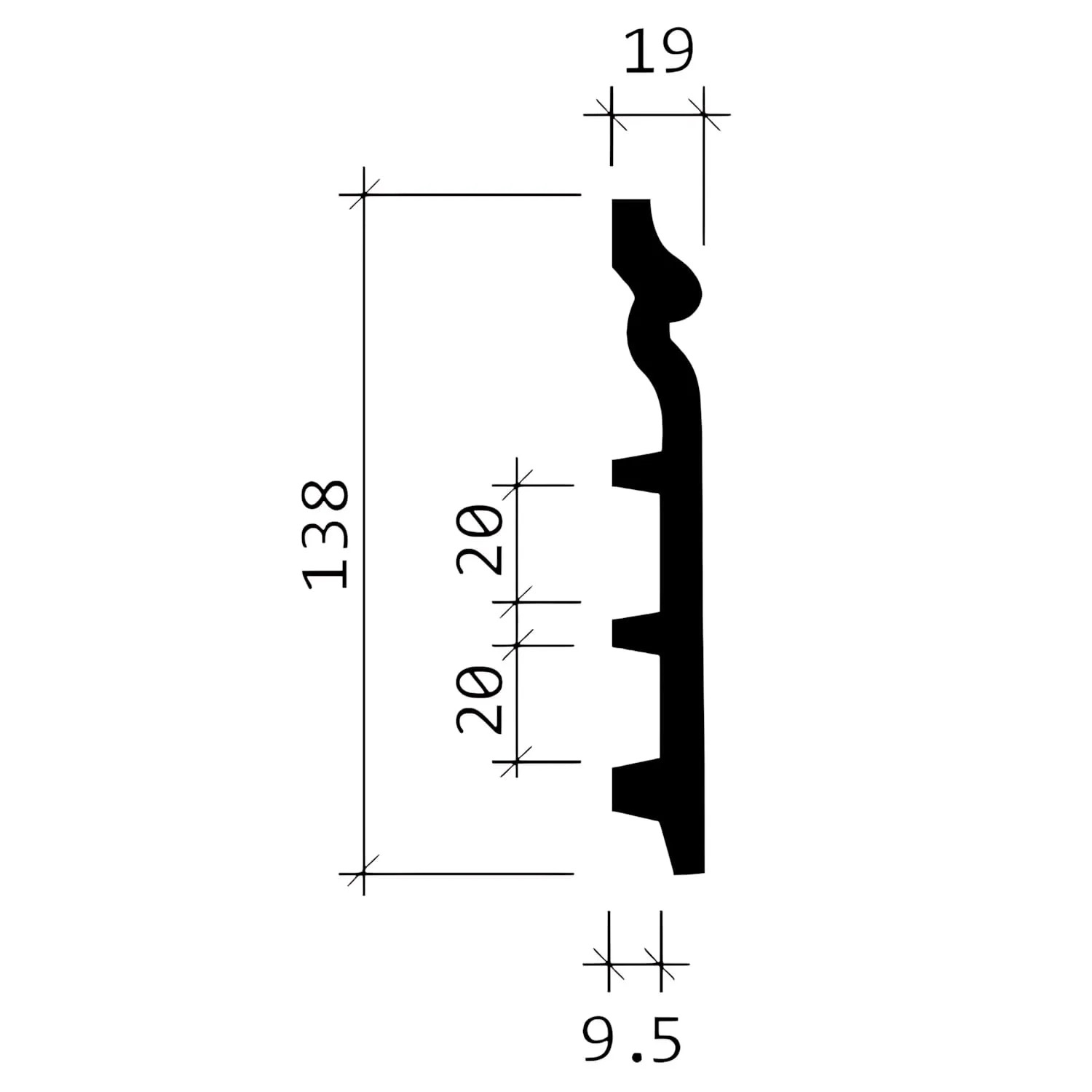 Technische Zeichnung einer weißen PROFHOME Sockelleiste (138x19 mm) aus Polyurethan, Set mit 10 Leisten.