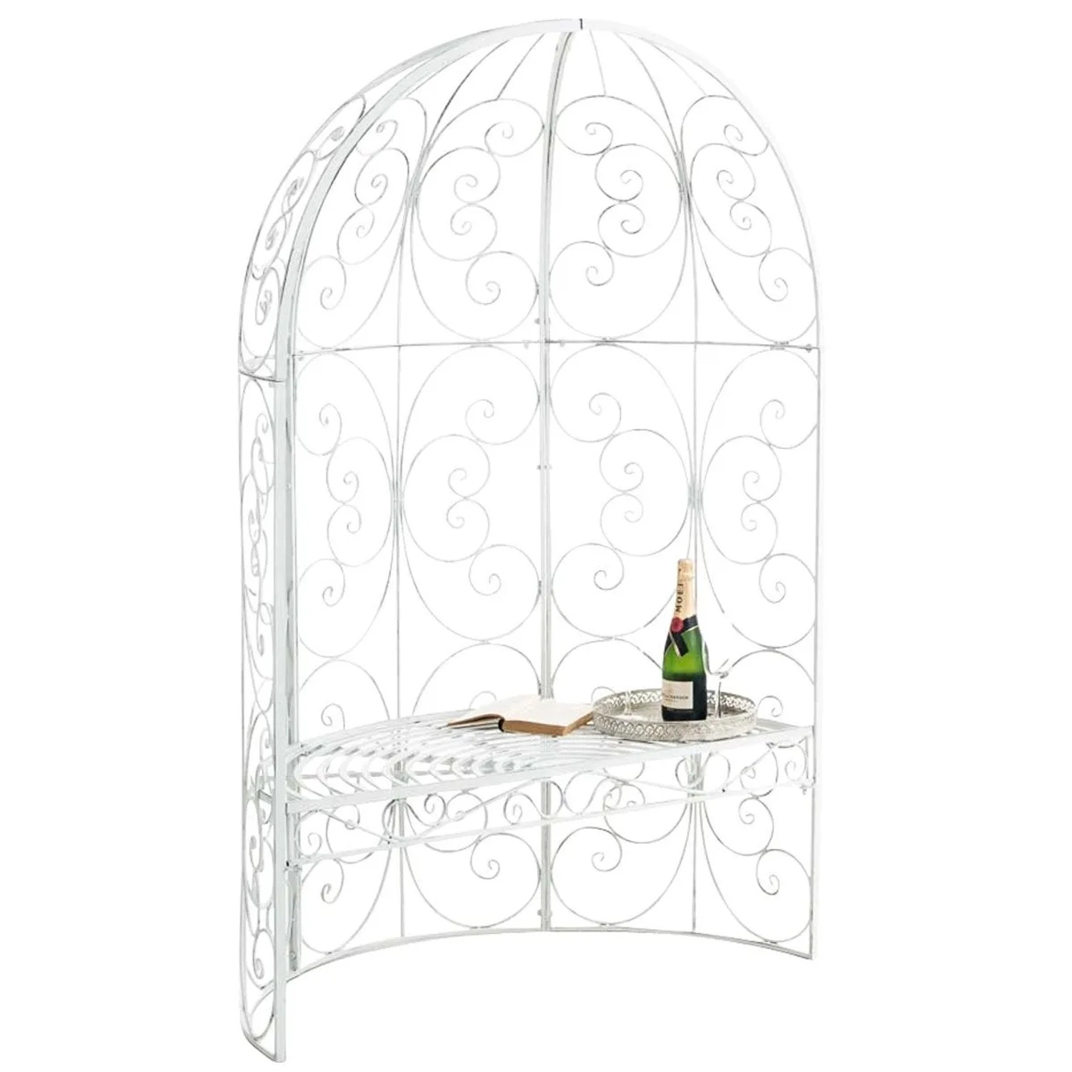 DELUKE Halbpavillon Mit Sitzbank BOSTON Metall Antik Weiß 120x58x178cm Gartenbank Mit Lehne Rankhilfe