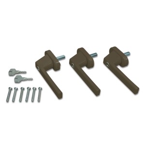 Abus Fenstergriff FG110 B, 3er-Set, braun, mit Schlüsseln und Schrauben.