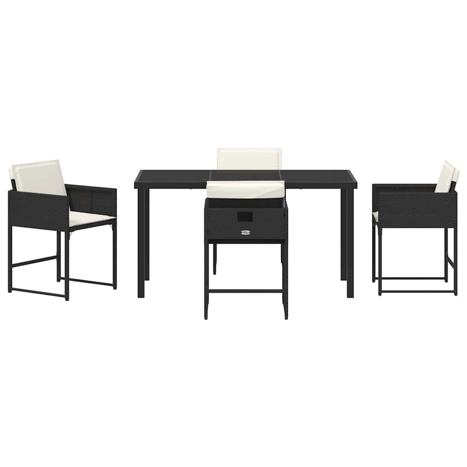 Schwarze 5-tlg. vidaXL Garten Essgruppe aus Poly Rattan mit Tisch und Stühlen inklusive Kissen.