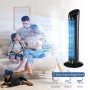 Schwarzer HOMCOM Turmventilator aus Kunststoff im Wohnzimmer mit Familie und Hund.