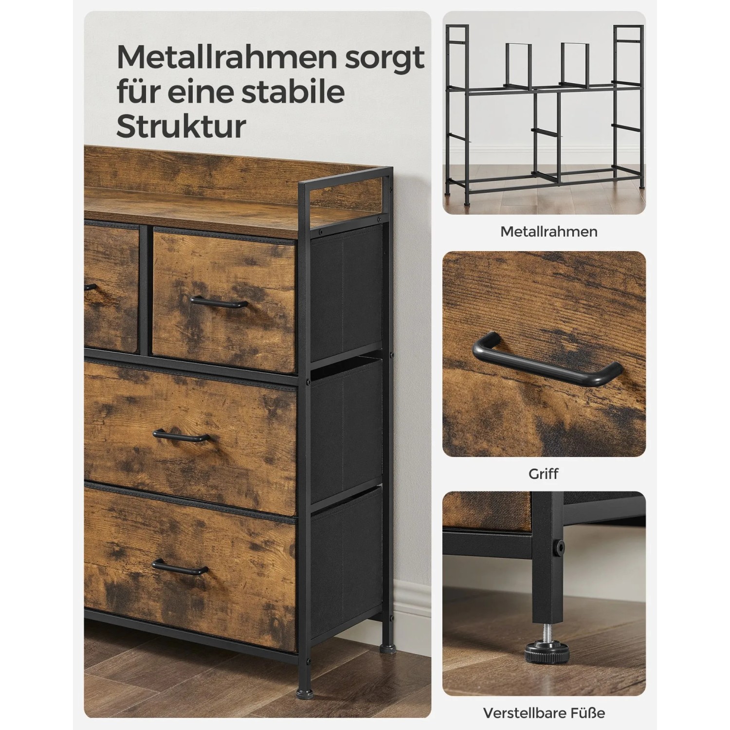 Songmics Kommode mit 7 Schubladen (braun-schwarz), Wohnzimmerschrank mit Metallrahmen und verstellbaren Füßen.