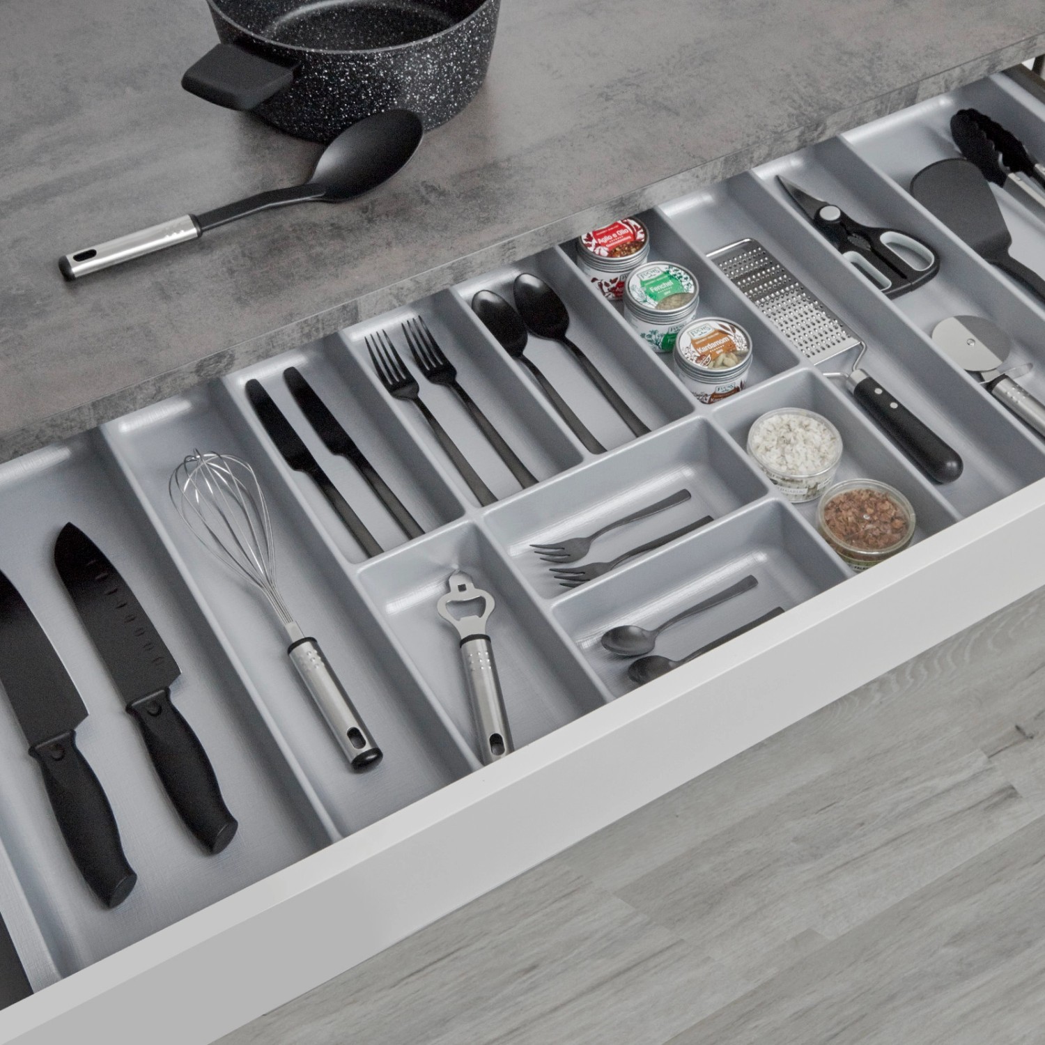 SOTECH ORGA-BOX-3 Besteckeinsätze Tiefe 473 mm Höhe 50,5 mm Silbergrau Schubladeneinsätze Breite 1091 mm_4