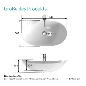 Skizze: Ovales Emke Handwaschbecken, Aufsatzwaschbecken aus Keramik mit Maßangaben.