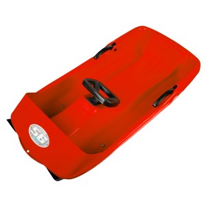Roter Ondis24 Super Bob Schlitten mit Lenkrad und Handbremsen für Winterspaß.