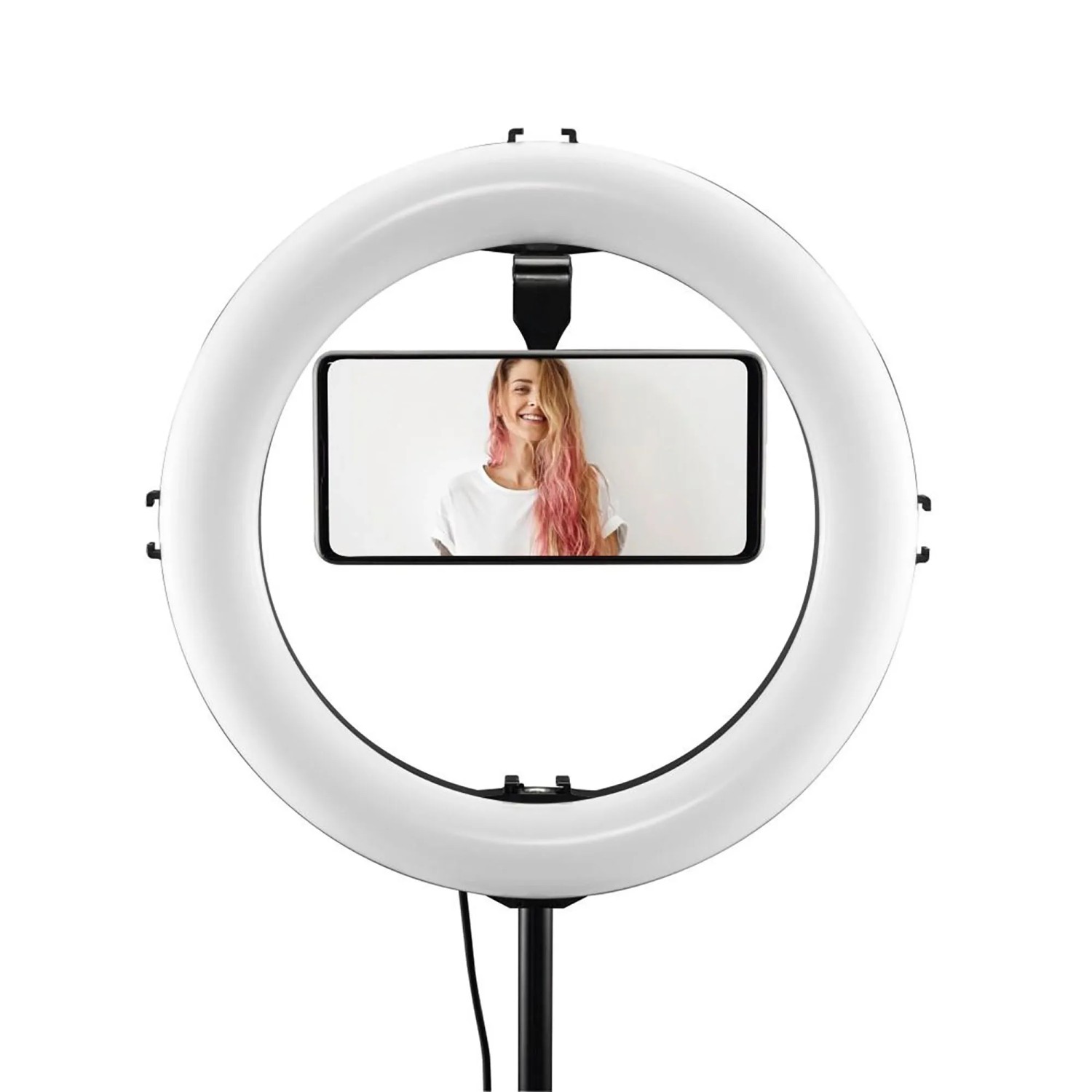 Schwarze Hama Stativ-Handyhalterung Puck mit Smartphone im weißen Ringlicht für Content Creation.