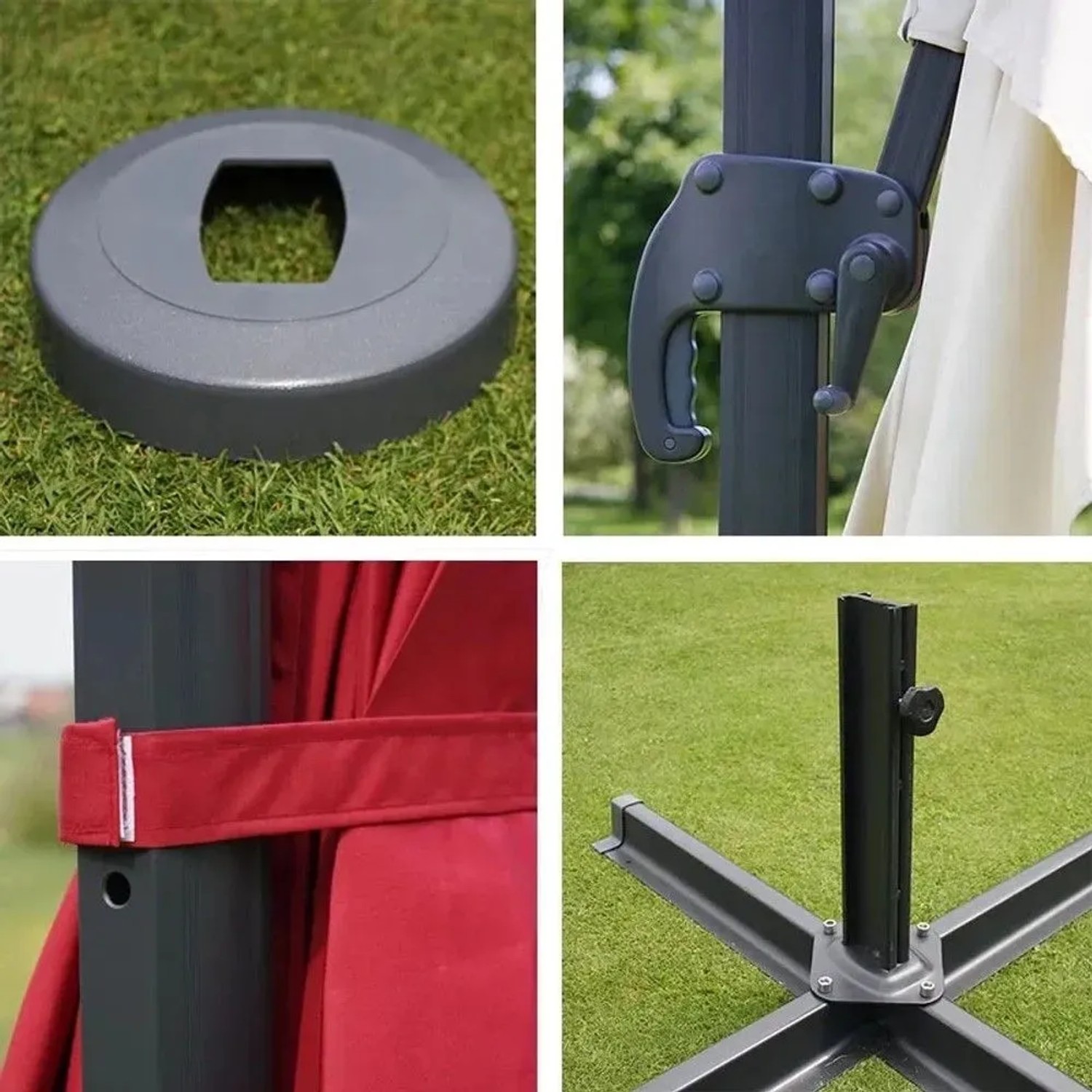Details des MCW Ampelschirms: Kurbel, Bodenkreuz, Stoffbefestigung und Basis. Robustes Aluminiumgestell für Garten.