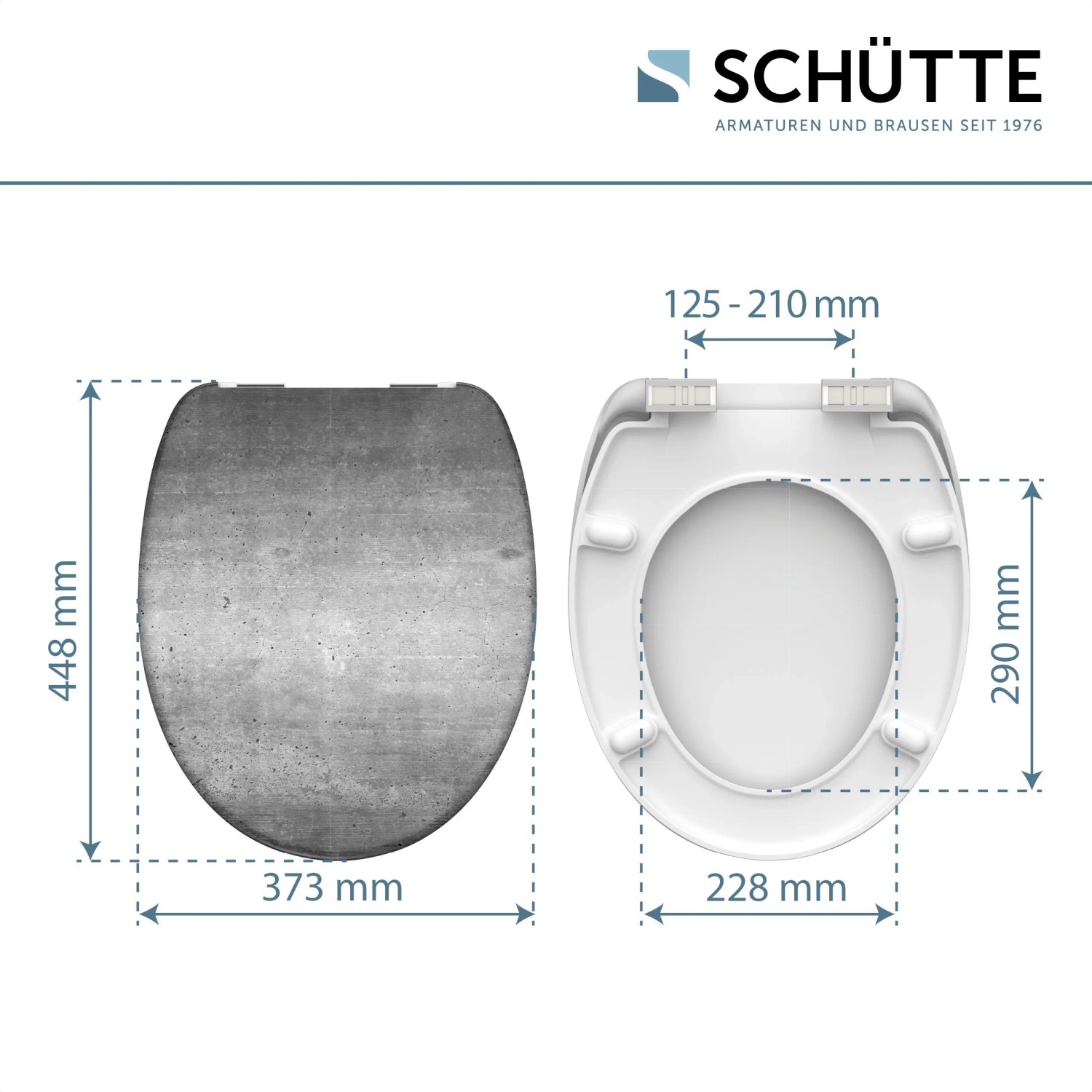 Schütte WC-Sitz Industrial Grey Duroplast mit Absenkautomatik, Maße dargestellt.