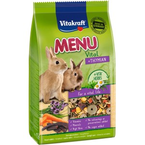 Vitakraft Menu Thymian Kaninchenfutter, 1kg Packung mit Kaninchenabbildung.