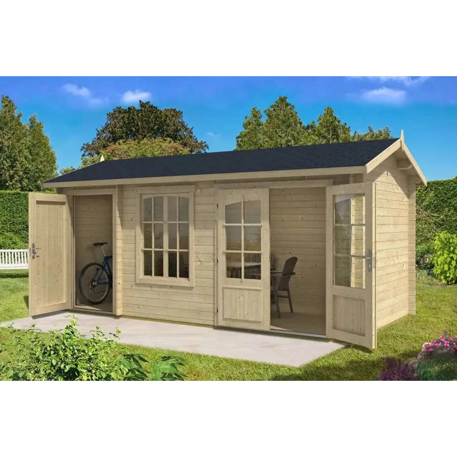 Unbehandeltes Alpholz Gartenhaus Bolton 28 XL mit Anbaudach und geöffneten Türen.