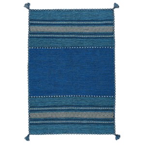 Blauer Kelim Teppich Navarro, 300x400cm, handgewebter Naturteppich mit Fransen.
