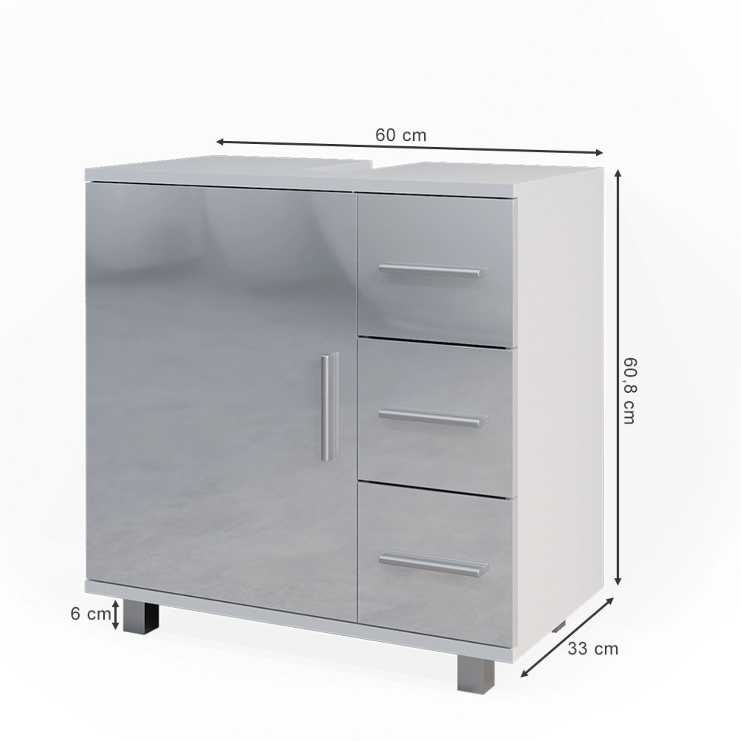 Vicco Waschbeckenunterschrank Ilias, weiß hochglanz, mit Tür und 3 Schubladen, 60x61 cm.