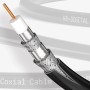 Schnittansicht eines schwarzen 4-fach geschirmten SAT Koaxialkabels mit Kupferleiter und Isolierung für TV & Receiver.
