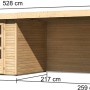 Karibu Holz-Gartenhaus Boras, unbehandelt, mit Anbau und Maßangaben.