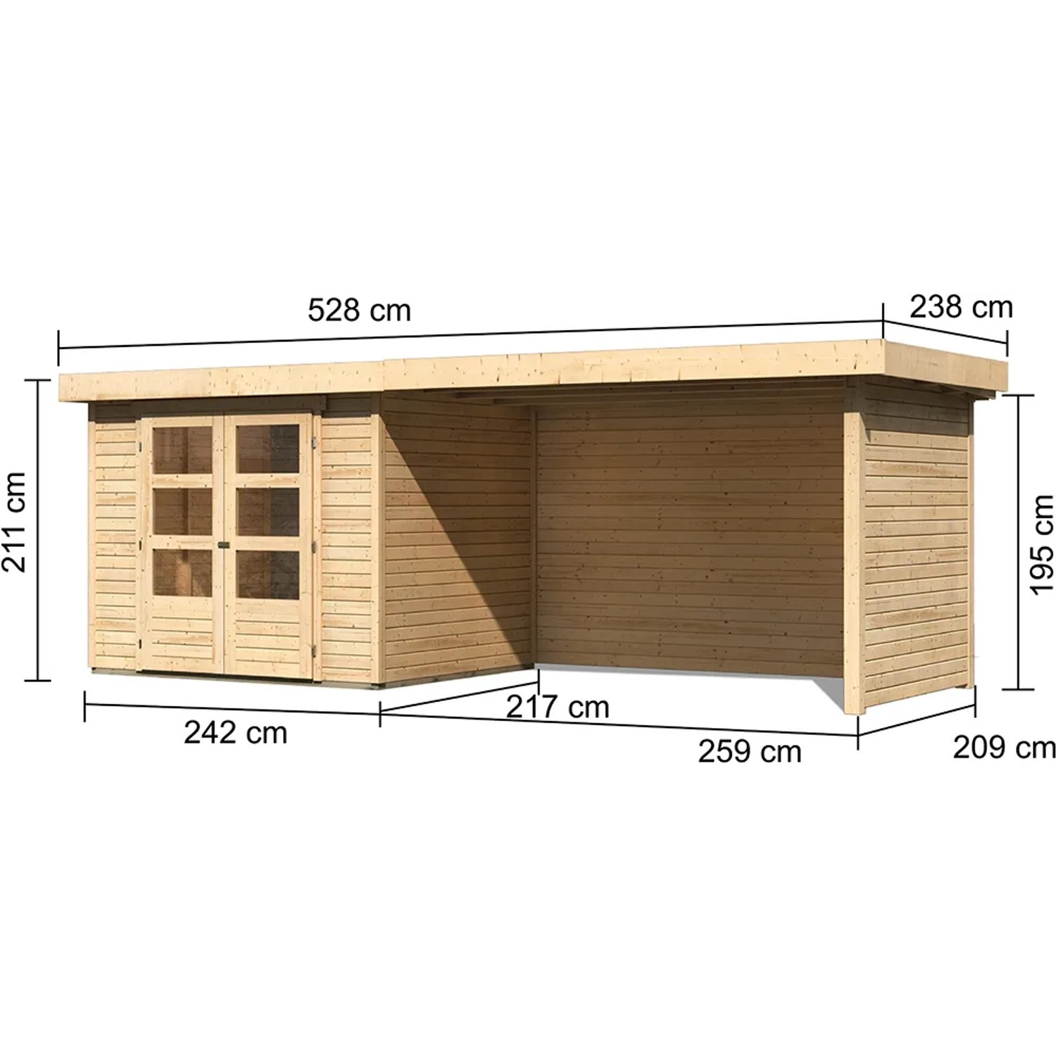 Karibu Holz-Gartenhaus Boras, unbehandelt, mit Anbau und Maßangaben.