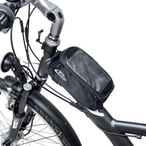 Schwarze Tectake Fahrradtasche mit Rahmenbefestigung und transparentem Touchdisplay.