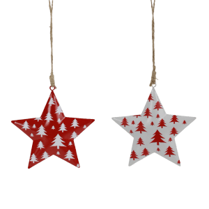 Weihnachtsanhänger Sterne, rot/weiß mit Tannenbaum-Muster, 8-fach sortiert, 6x6cm, zur Weihnachtsdekoration.