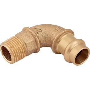 90-Grad Press-Winkel aus Rotguss, 15 mm x 21 mm (R 1/2), für Kupferrohr-Installationen.