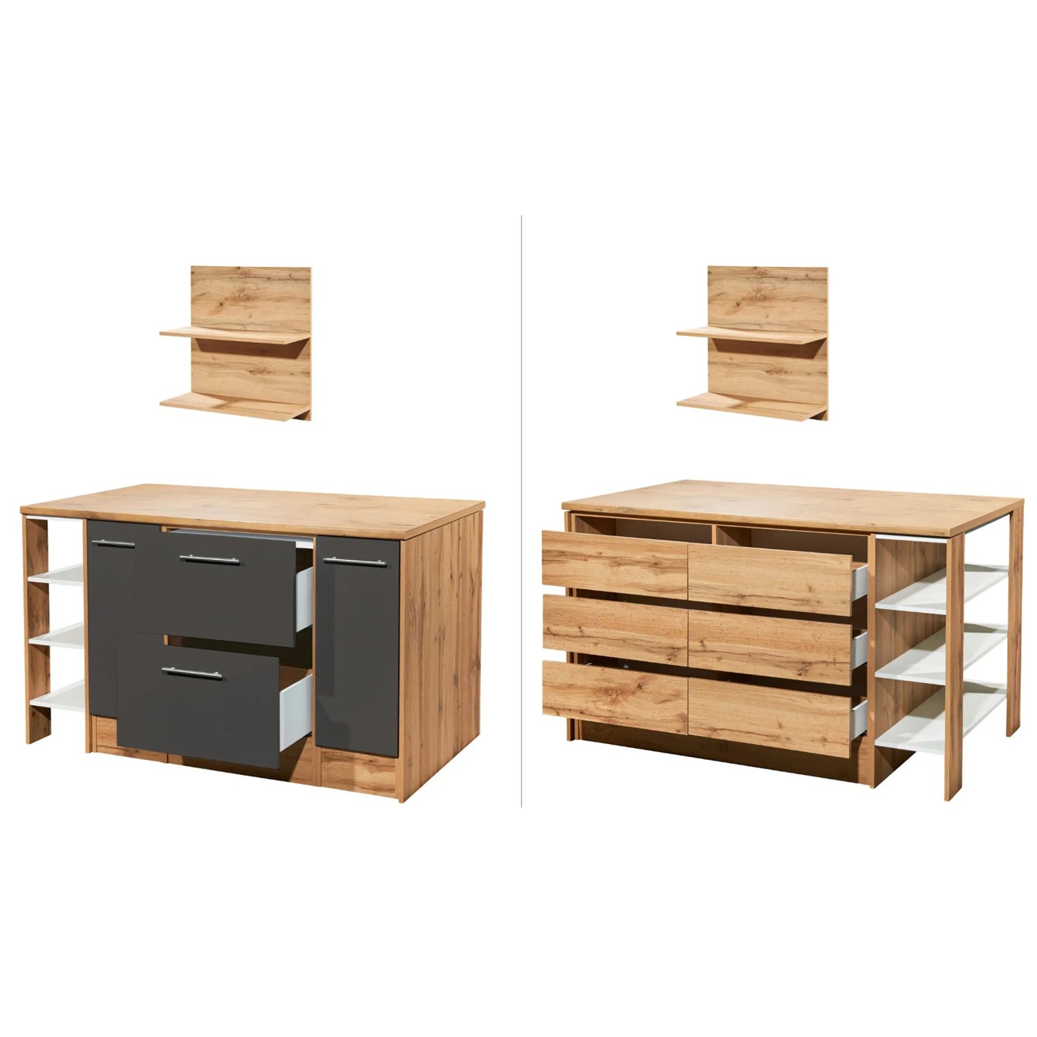 Respekta Kücheninsel Hilde 150 cm, grau/Holzdekor, mit Schubladen, Regalen und Hängeregal.