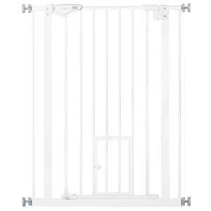 Weißes PawHut Türschutzgitter für Hunde mit Katzenklappe und Schließautomatik.