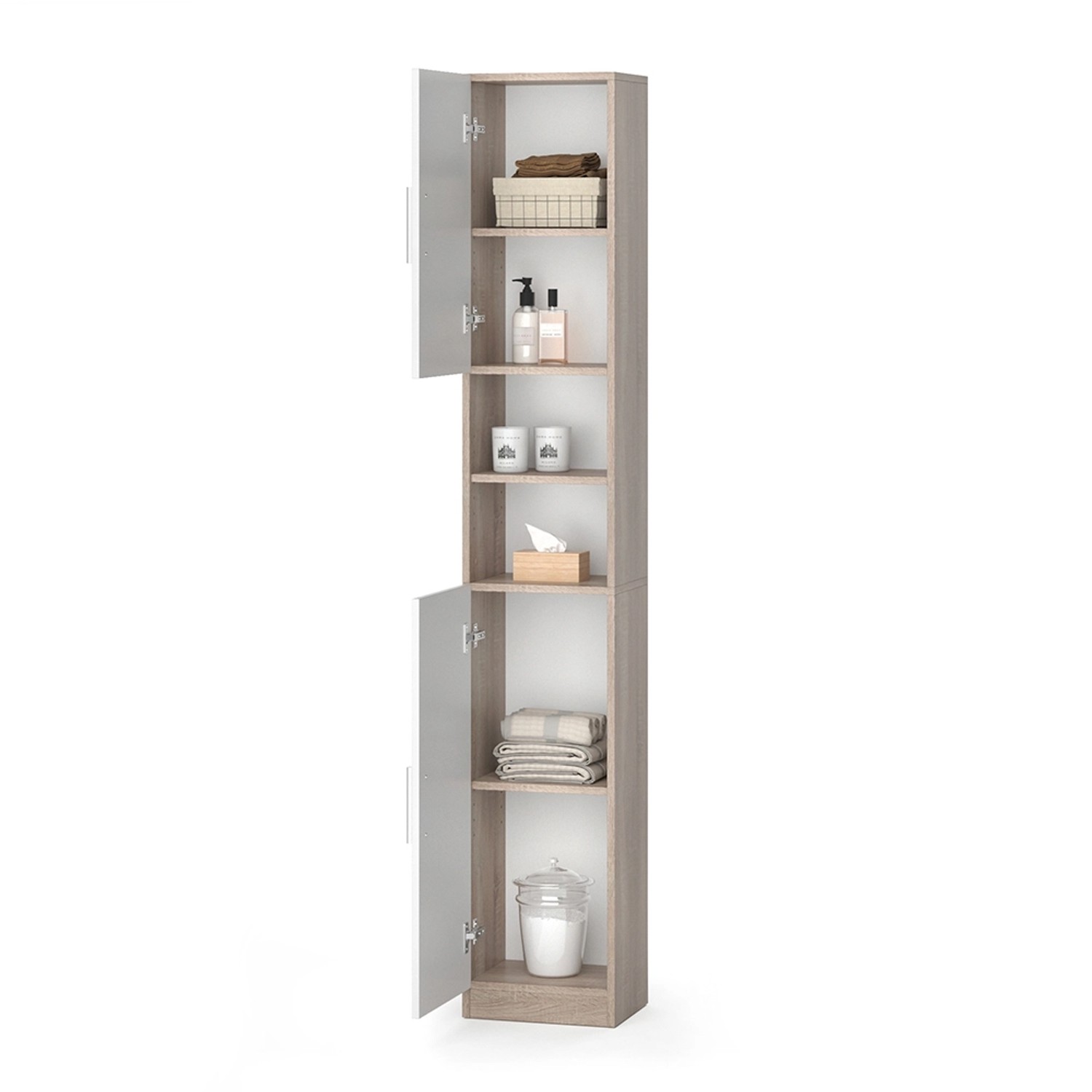 Vicco Badschrank Luis, Sonoma/Weiß, 32x190 cm, mit offenen Fächern und Türen für Badartikel.